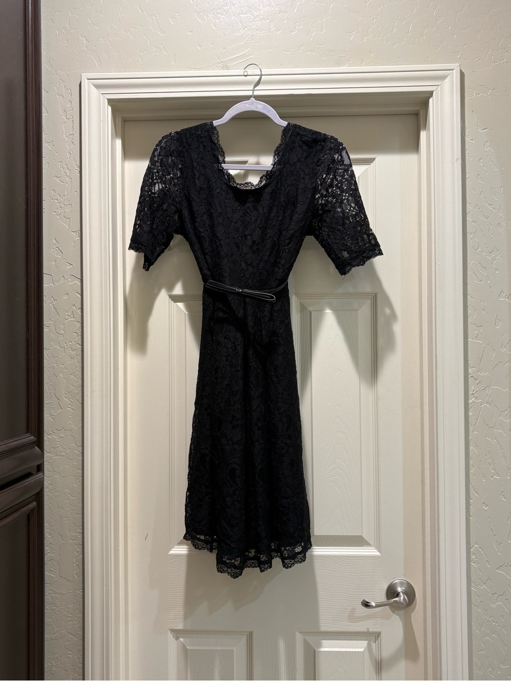 Black Lace Short-Sleeve Dress with Belt